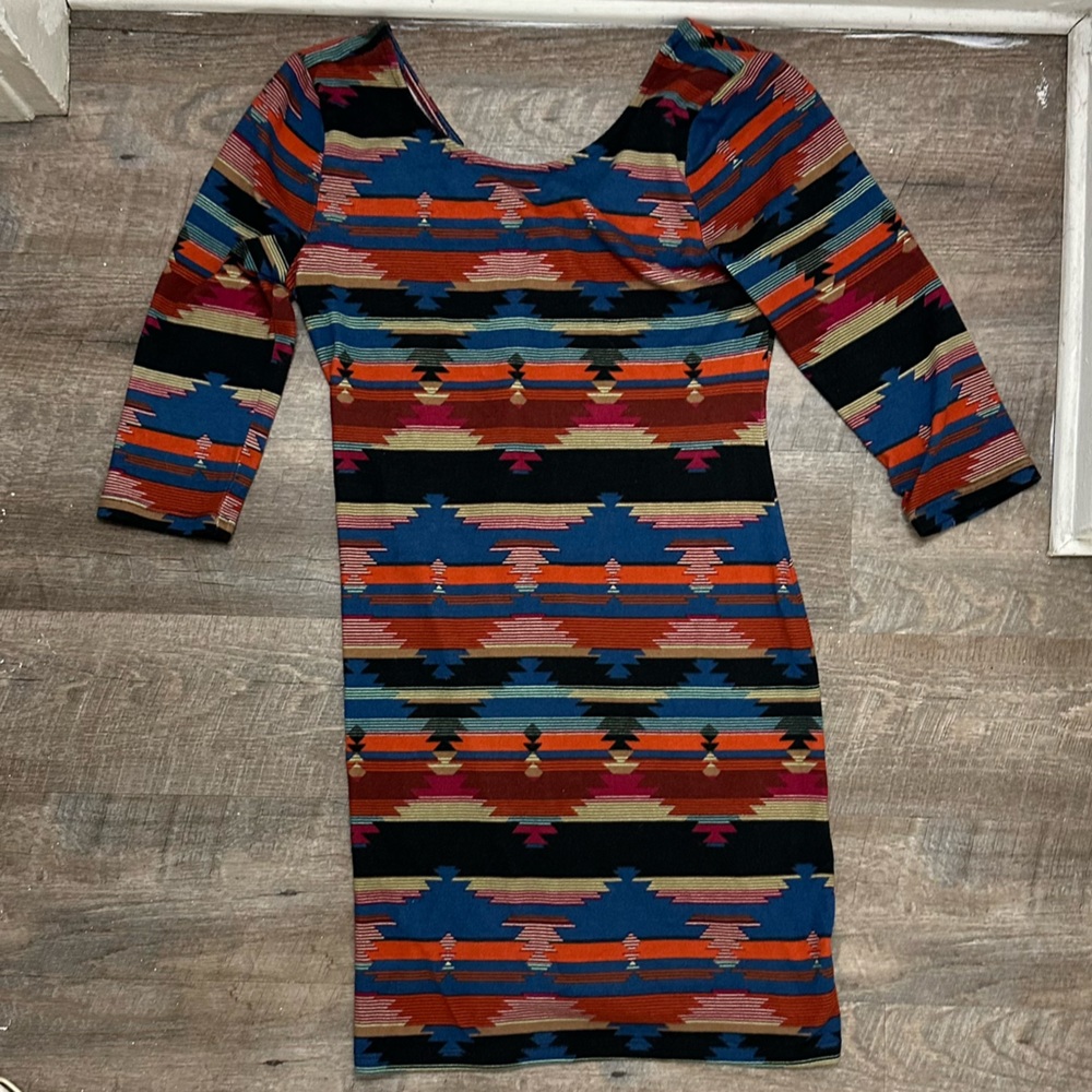 Multi Colored Aztec/ Tribal Print 3/4 Sleeve Dress